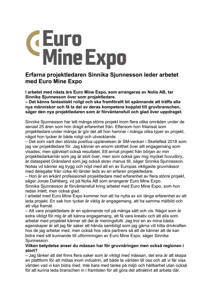 Erfarna projektledaren Sinnika Sjunnesson leder arbetet med Euro Mine Expo