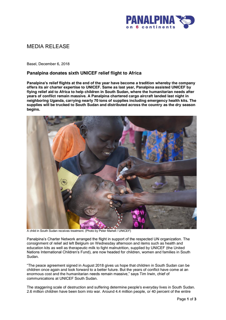 Panalpina donates sixth UNICEF relief flight to Africa