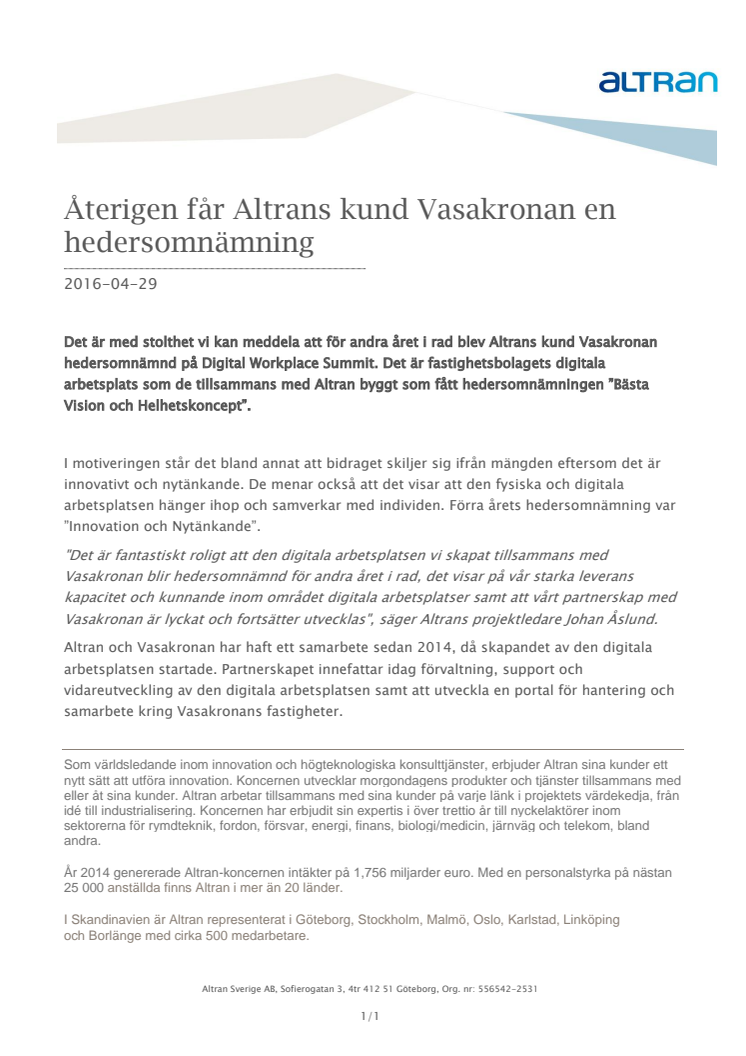 Återigen får Altrans kund Vasakronan en hedersomnämning