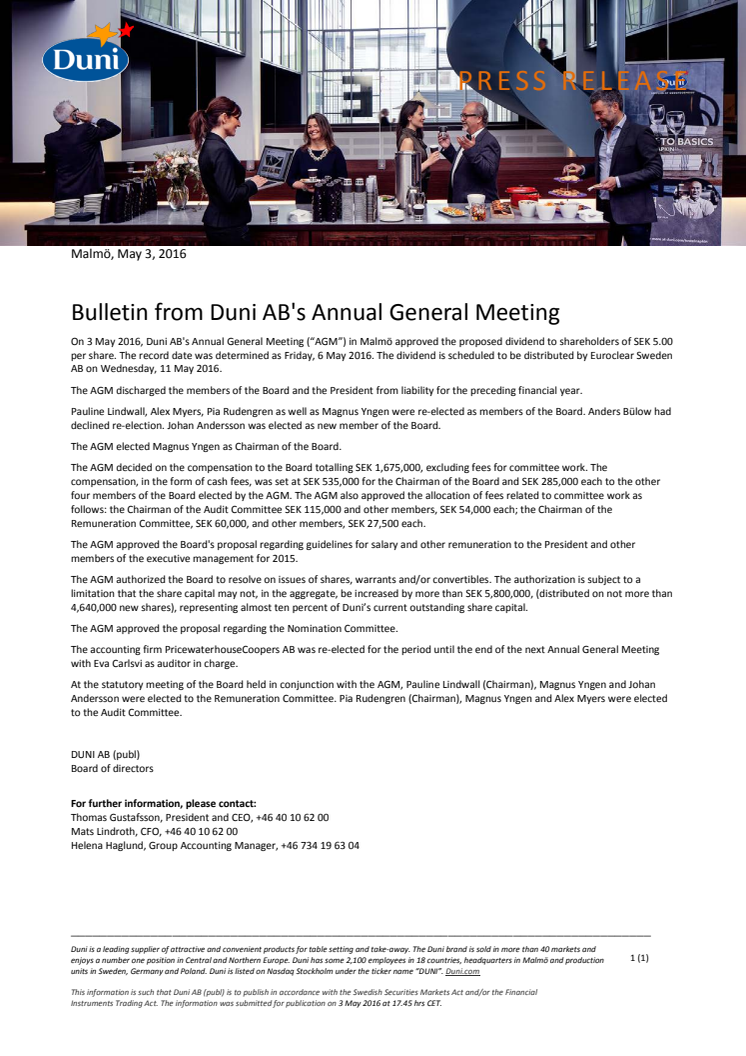 Bulletin from Duni AB's Annual General Meeting 