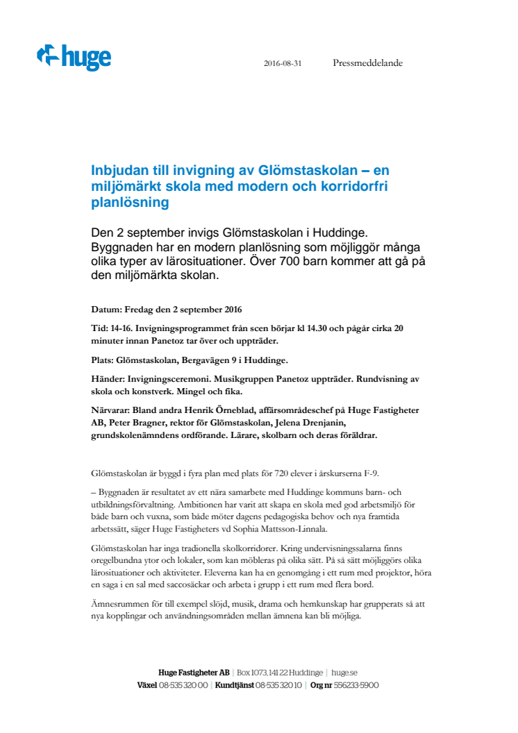 Inbjudan till invigning av Glömstaskolan – en miljömärkt skola med modern och korridorfri planlösning 