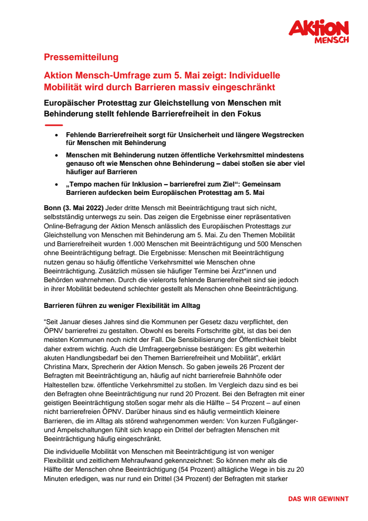 Aktion Mensch-Umfrage zum 5. Mai zeigt: Individuelle Mobilität wird durch Barrieren massiv eingeschränkt 