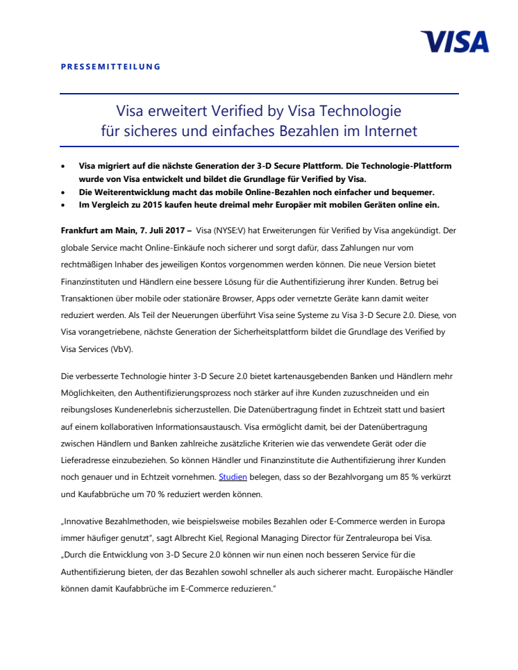 Visa erweitert Verified by Visa Technologie für sicheres und einfaches Bezahlen im Internet