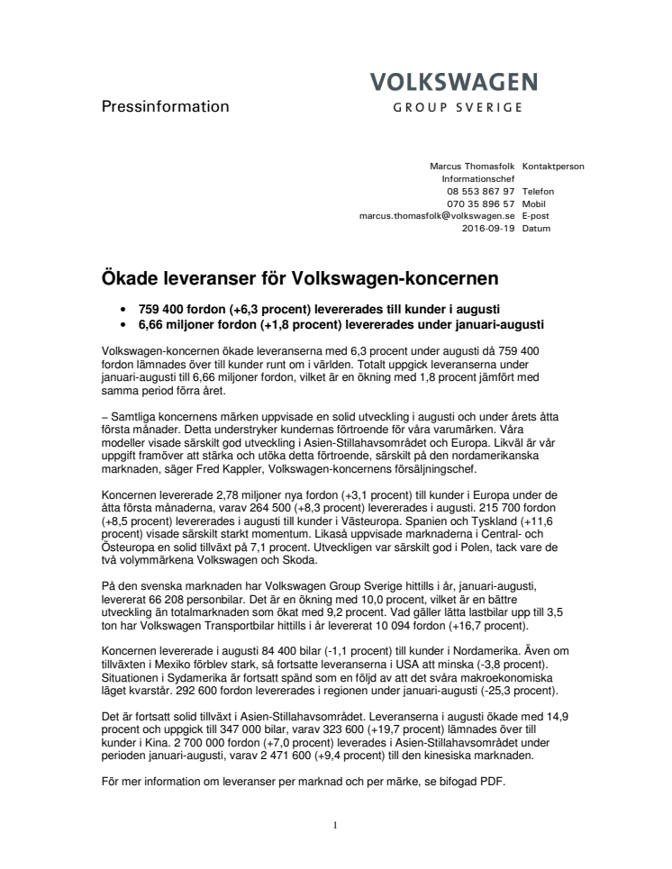 Ökade leveranser för Volkswagen-koncernen