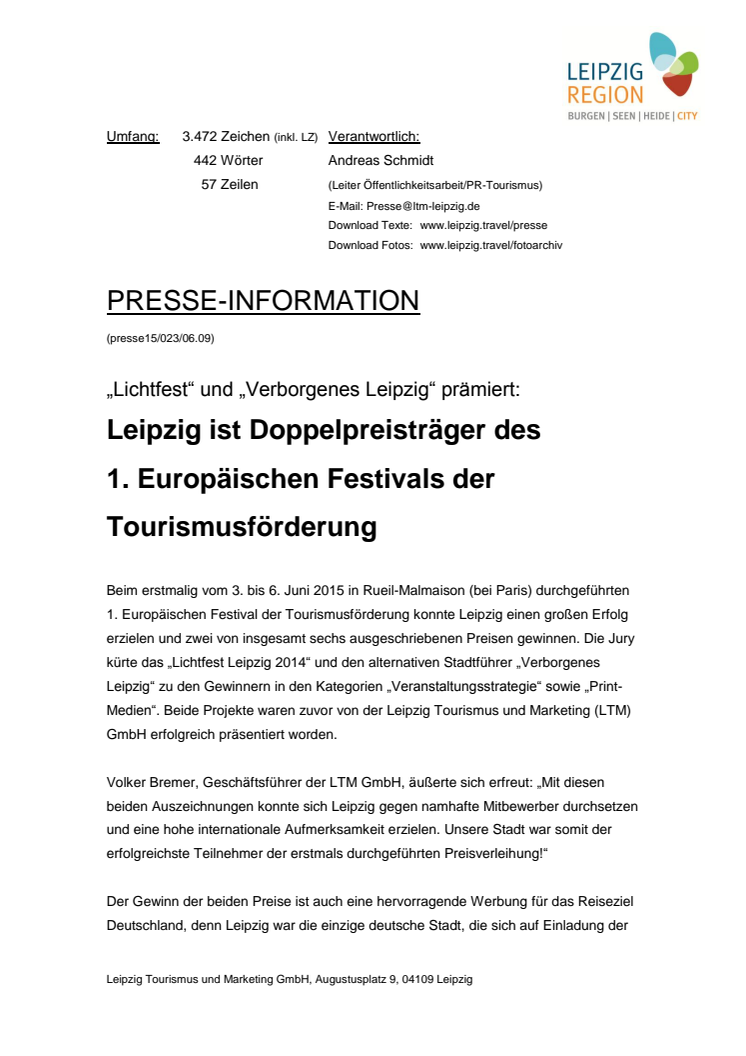 Leipzig ist Doppelpreisträger des  1. Europäischen Festivals der Tourismusförderung 