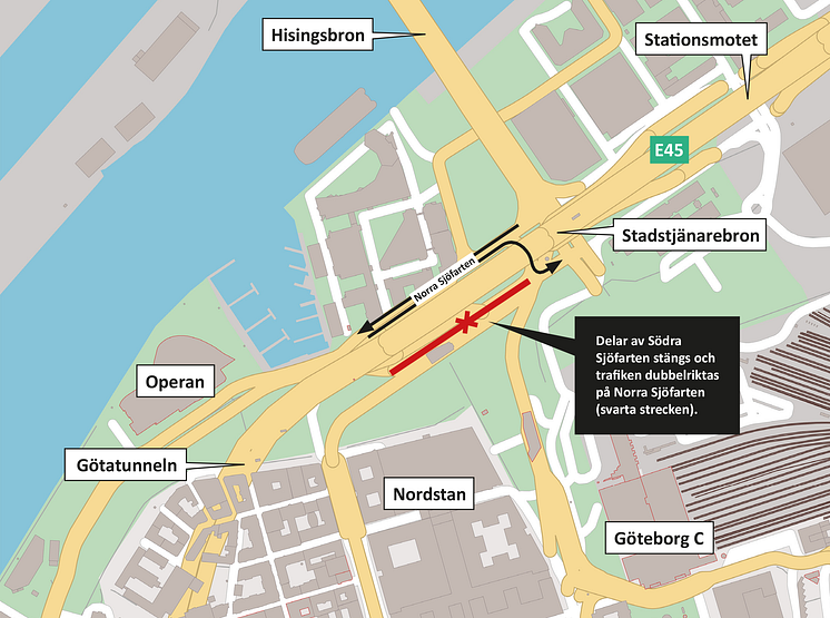 Södra Sjöfarten stängs och trafiken dubbelriktas på Norra Sjöfarten