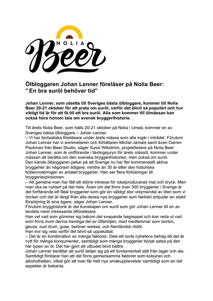 Ölbloggaren Johan Lenner föreläser på Nolia Beer:  ”En bra suröl behöver tid”