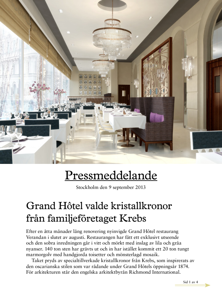 Grand Hôtel valde kristallkronor från familjeföretaget Krebs