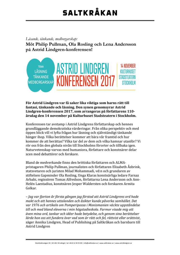 Läsande, tänkande, medborgarskap: Möt Philip Pullman, Ola Rosling och Lena Andersson på Astrid Lindgren-konferensen!