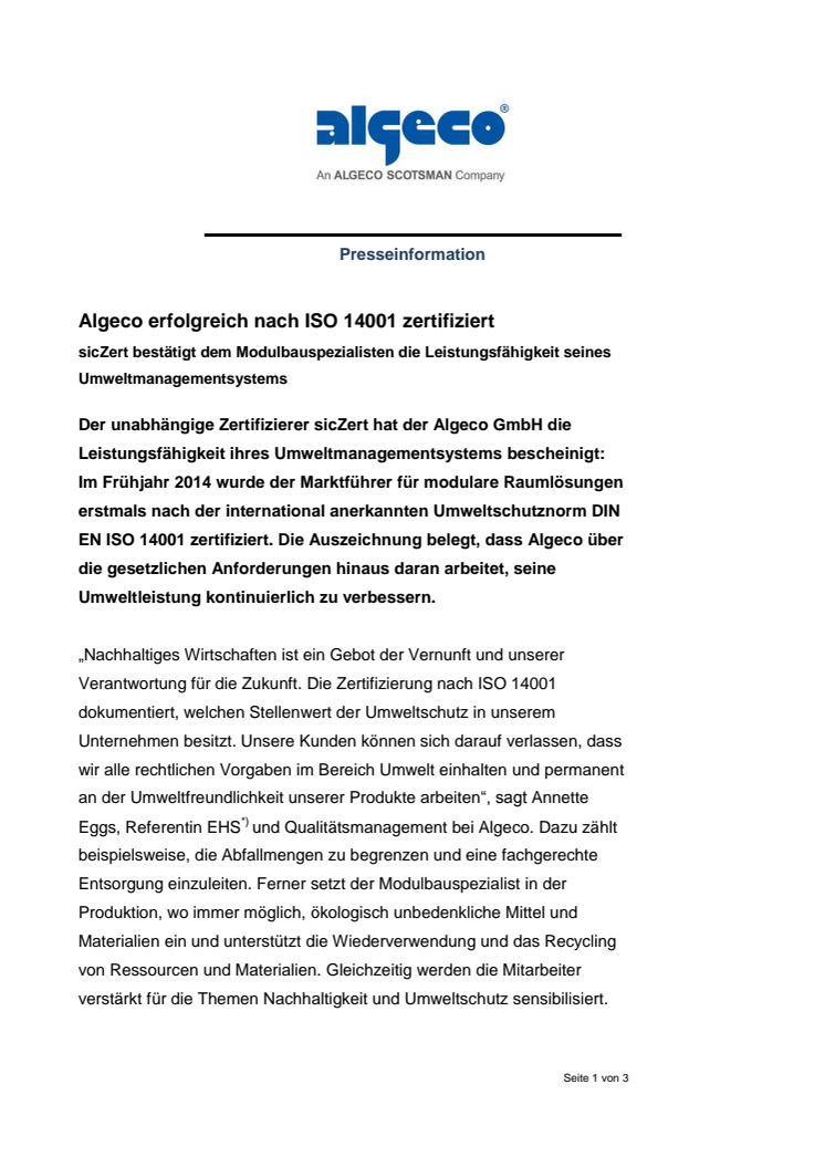 Algeco erfolgreich nach ISO 14001 zertifiziert