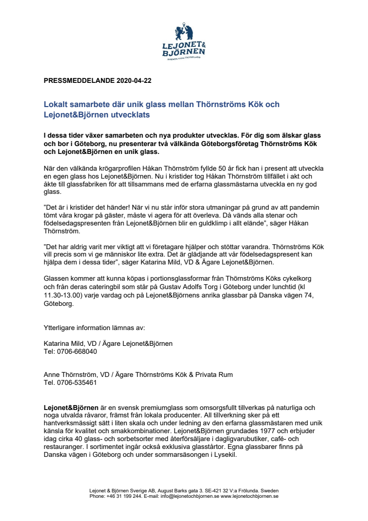 Lokalt samarbete där unik glass mellan Thörnströms Kök och Lejonet&Björnen utvecklats
