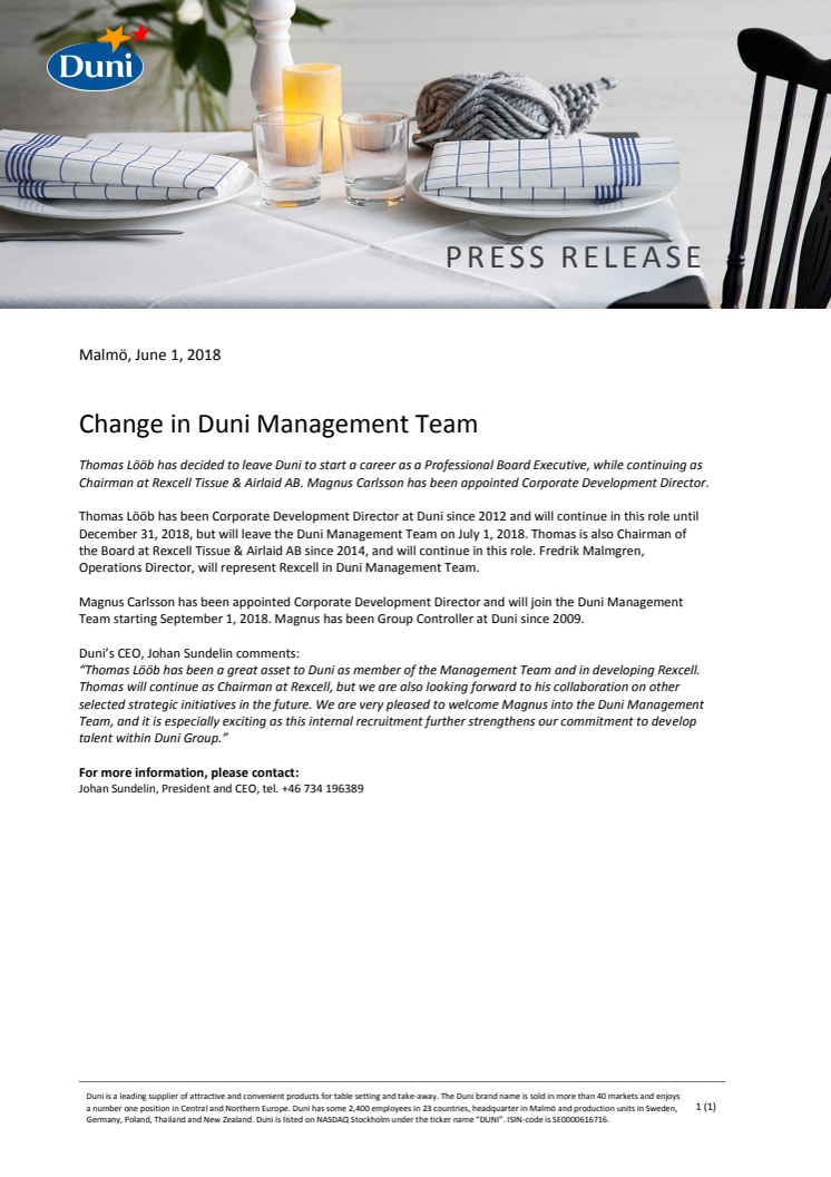 Change in Duni Management Team