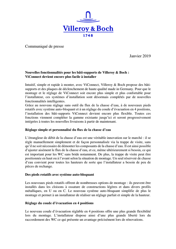 Nouvelles fonctionnalités pour les bâti-supports de Villeroy & Boch :  ViConnect devient encore plus facile à installer