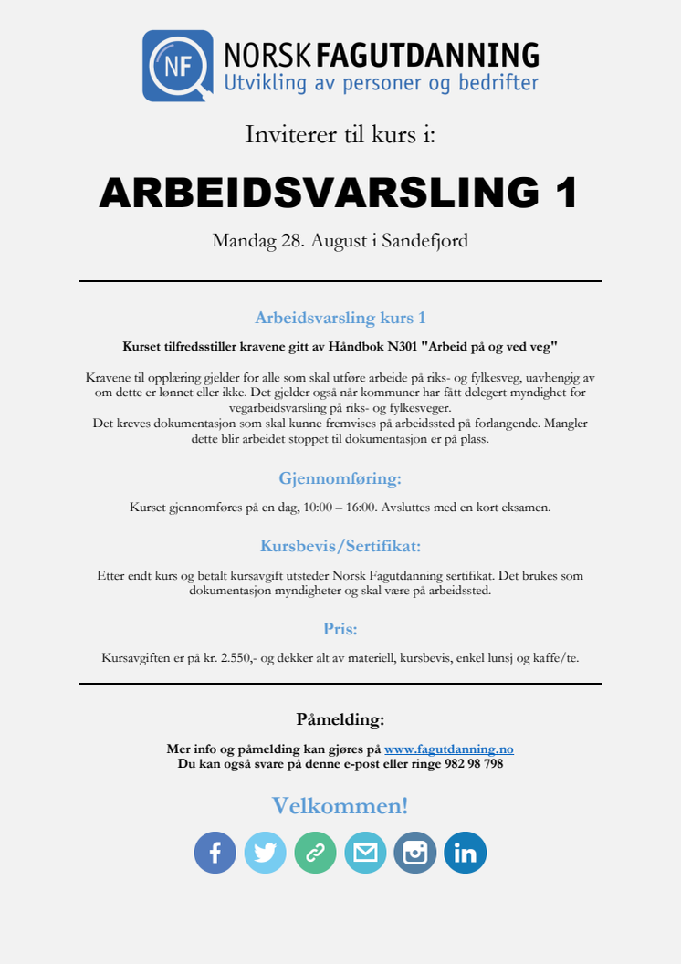 Arbeidsvarslingskurs - AV 1 i Sandefjord 28 august 2017