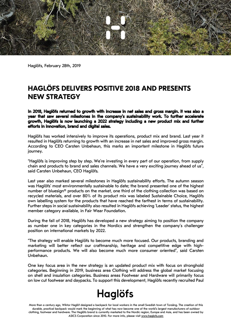 HAGLÖFS DELIVERS POSITIVE 2018 AND PRESENTS NEW STRATEGY 