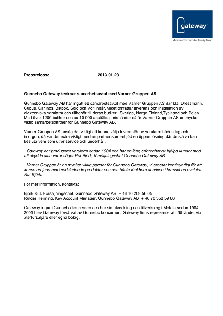 Gunnebo Gateway tecknar samarbetsavtal med Varner-Gruppen AS