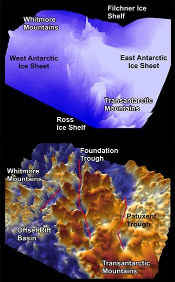 A 3D image of the three subglacial valleys (the Patuxent Trough, Foundation Trough and Offset Rift Basin), from the data recorded in the PolarGAP survey