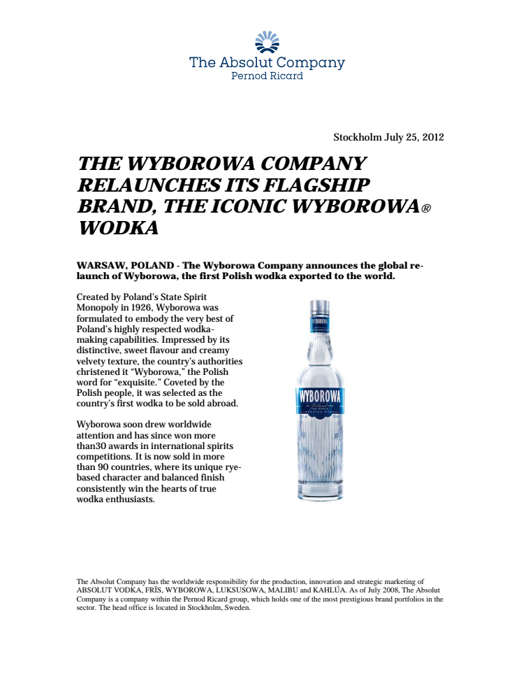 THE WYBOROWA COMPANY RELAUNCHES ITS FLAGSHIP BRAND, THE ICONIC WYBOROWA® WODKA