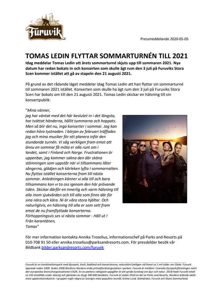 Tomas Ledin flyttar sommarturnén till 2021