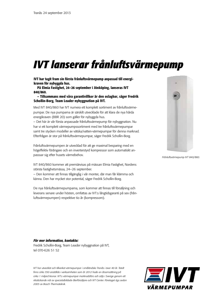 IVT lanserar frånluftsvärmepump