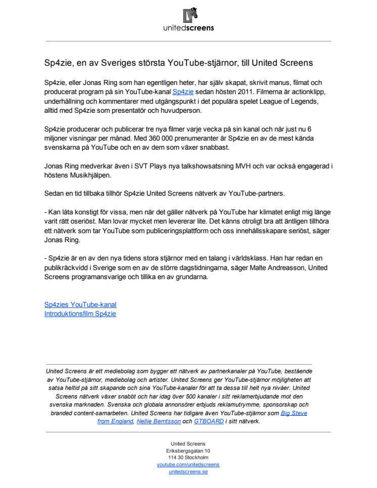 Sp4zie, en av Sveriges största YouTube-stjärnor, till United Screens