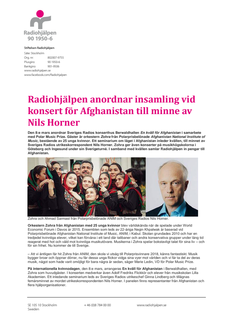 ​Radiohjälpen anordnar insamling vid konsert för Afghanistan till minne av Nils Horner