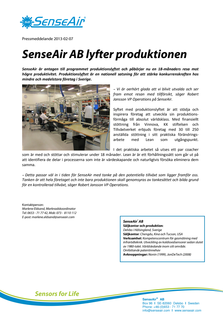 SenseAir AB lyfter produktionen