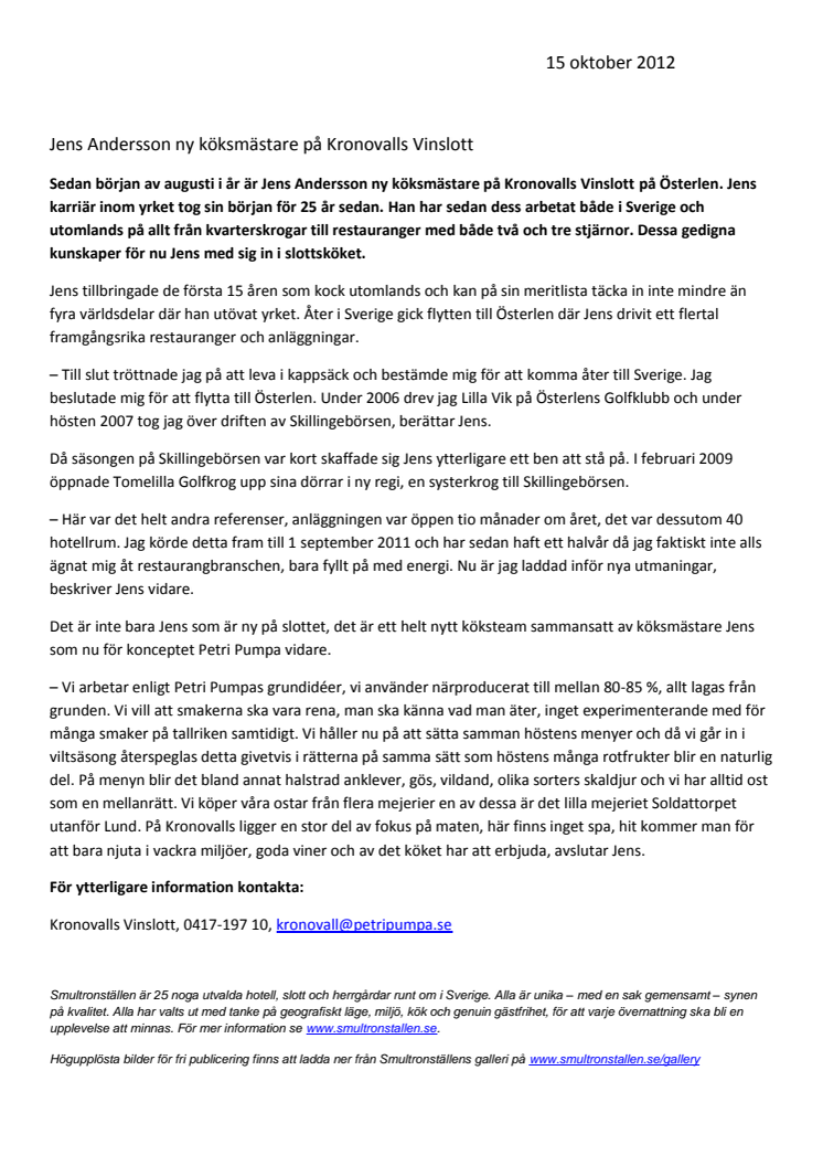 Jens Andersson ny köksmästare på Kronovalls Vinslott