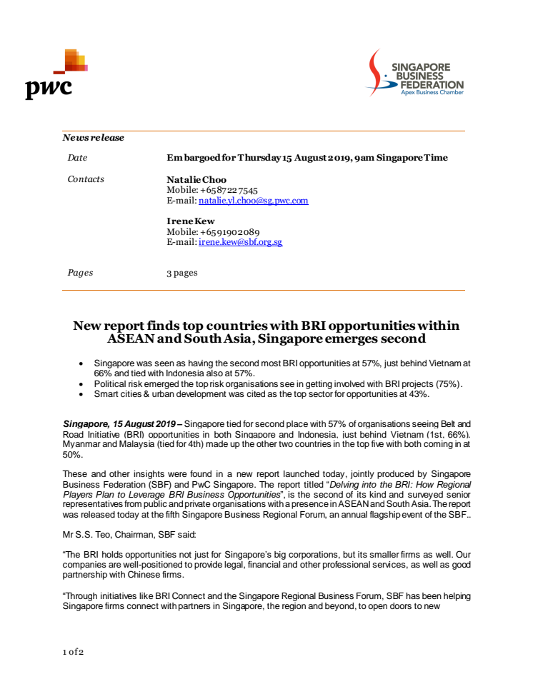 New report finds top countries with BRI opportunities within ASEAN and South Asia, Singapore emerges second