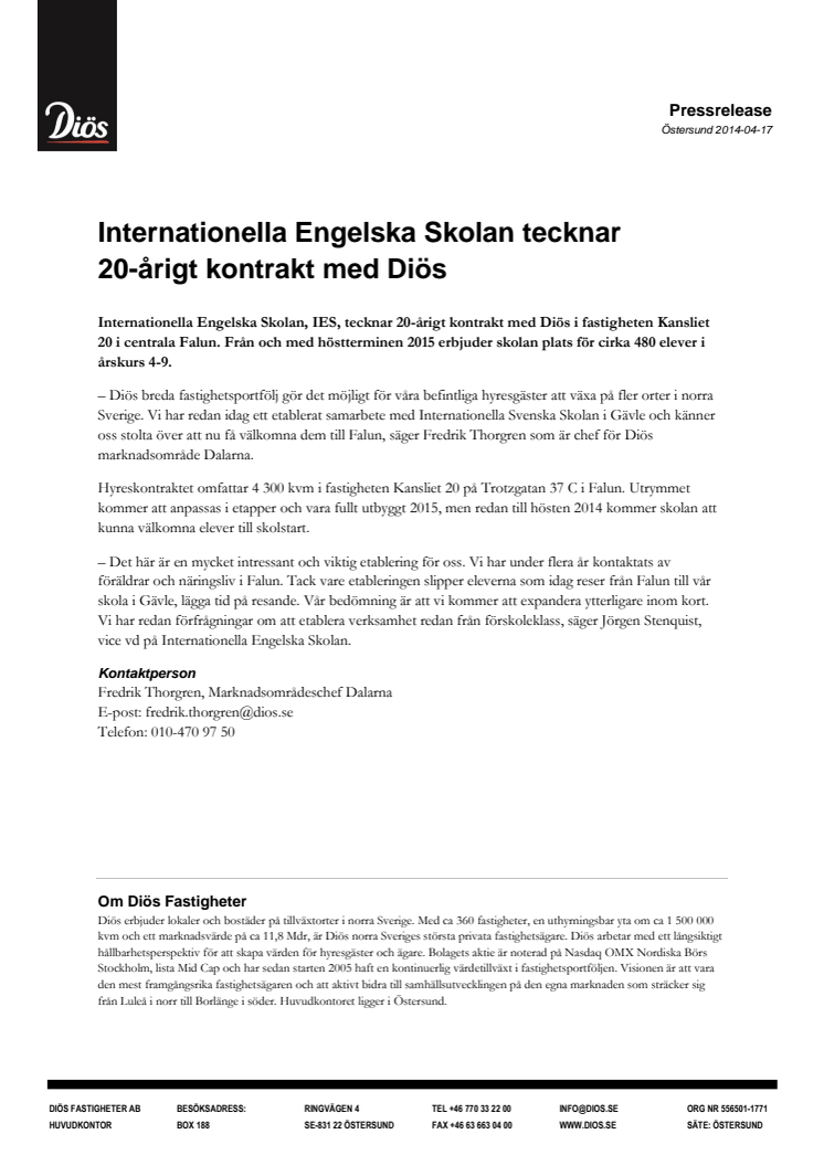 Internationella Engelska Skolan tecknar  20-årigt kontrakt med Diös