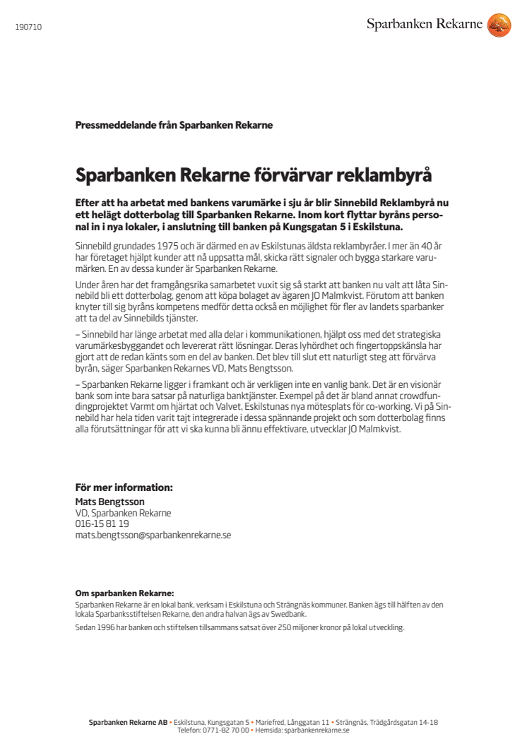 Sparbanken Rekarne förvärvar reklambyrå