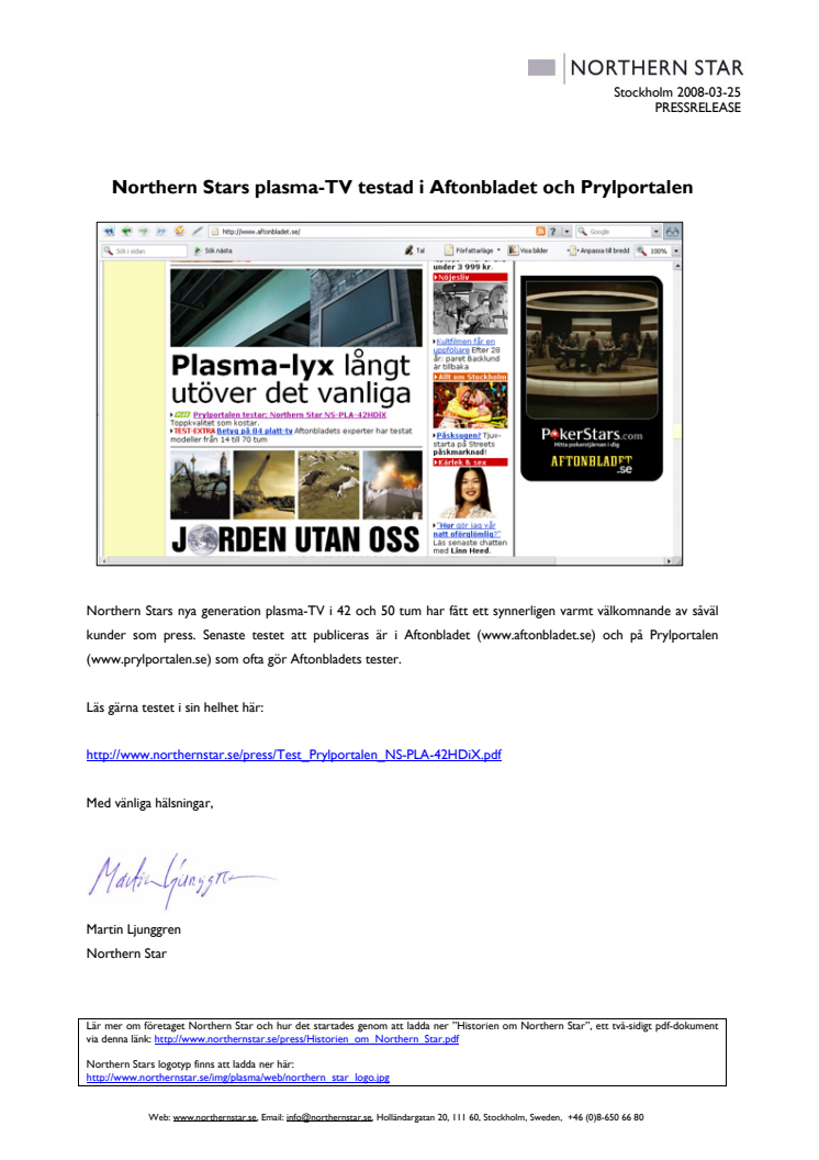 Northern Stars plasma-TV testad i Aftonbladet och Prylportalen