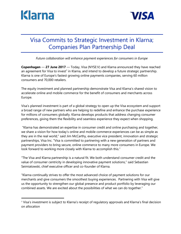 Visa investerar i Klarna och inleder strategiskt partnerskap 