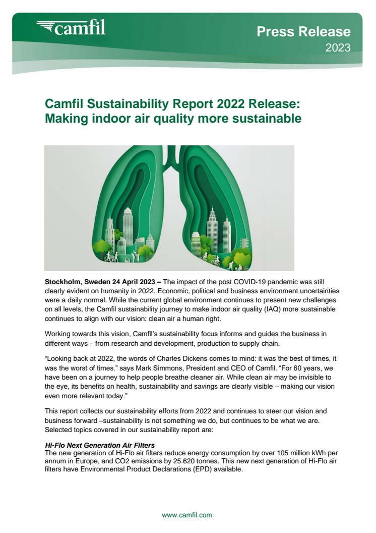 Camfil Sustainability Report 2022 Press Release