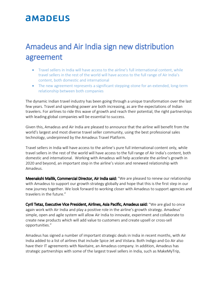 Amadeus og Air India signerer ny distribusjonsavtale