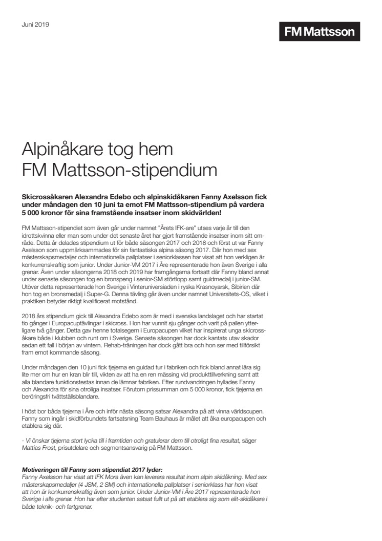 Alpinåkare tog hem FM Mattsson-stipendium