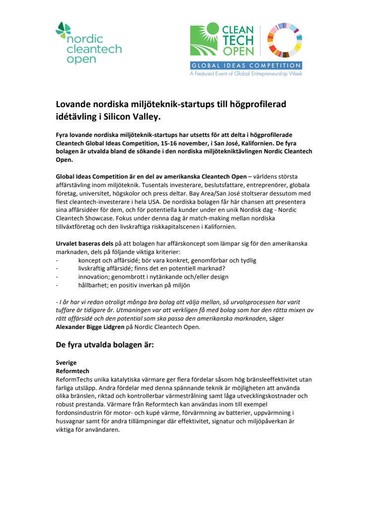 Lovande nordiska miljöteknik-startups till högprofilerad idétävling i Silicon Valley.