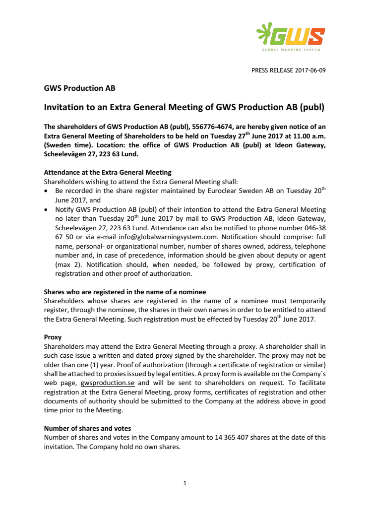  Invitation to an Extra General Meeting of GWS Production AB 