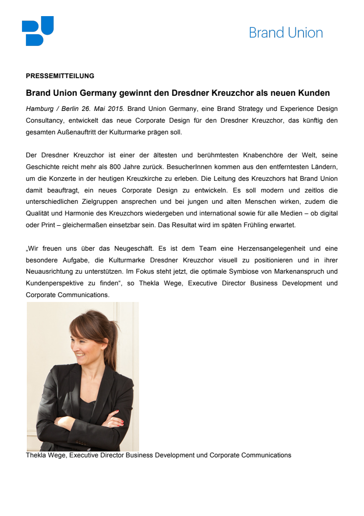 Brand Union Germany gewinnt den Dresdner Kreuzchor als neuen Kunden 