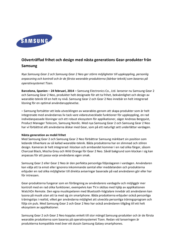Oöverträffad frihet och design med nästa generations Gear-produkter från Samsung