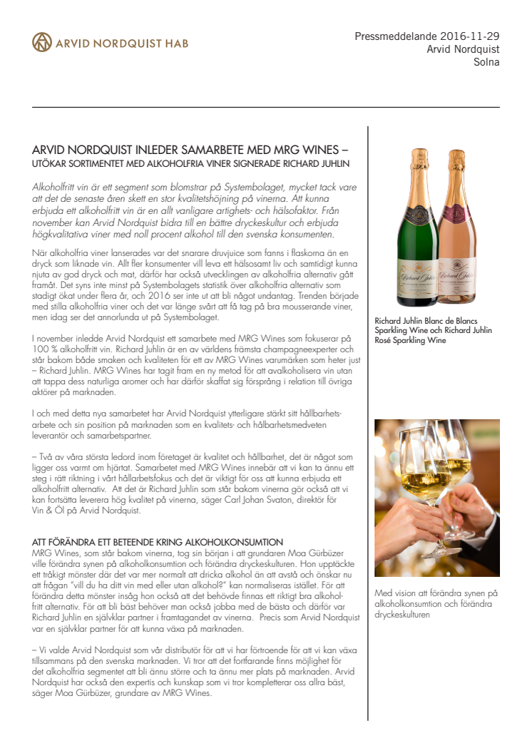 Arvid Nordquist inleder samarbete med MRG Wines och utökar sortimentet med alkoholfria viner signerade Richard Juhlin