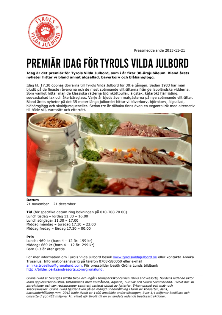 Premiär idag på Tyrols Vilda Julbord