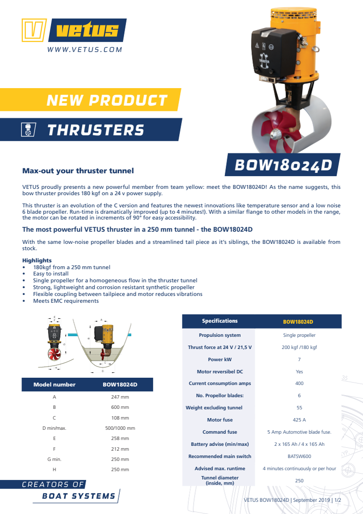 VETUS BOW18024D bow thruster - Information Sheet