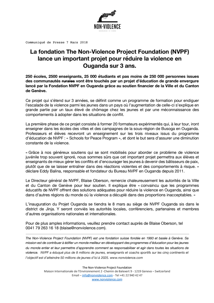 La fondation The Non-Violence Project Foundation (NVPF) lance un important projet pour réduire la violence en Ouganda sur 3 ans.