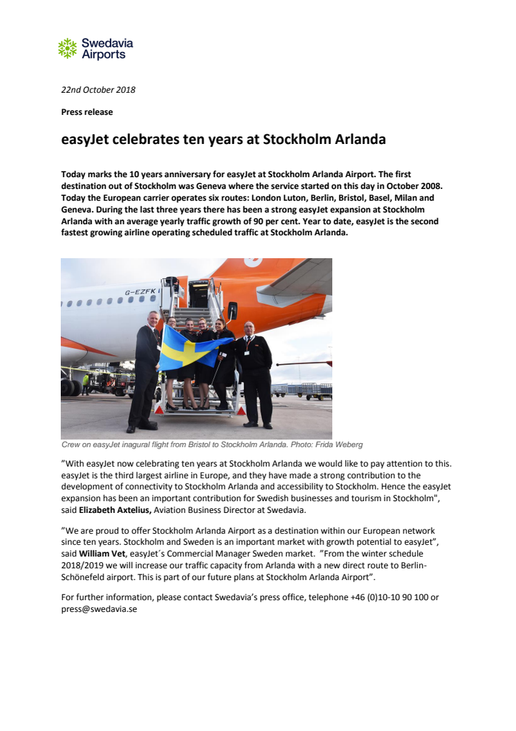 easyJet celebrates ten years at Stockholm Arlanda