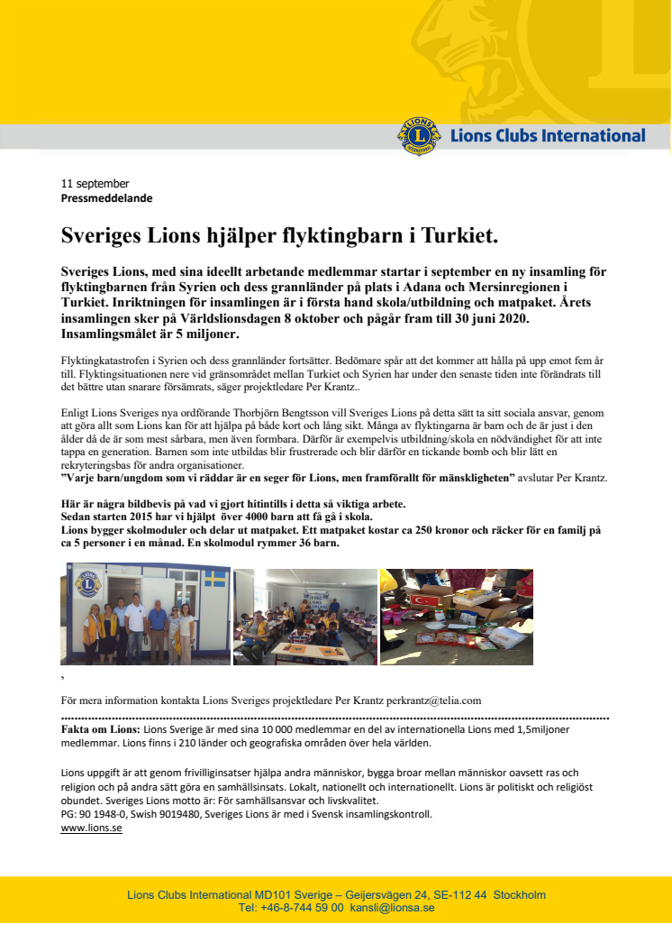 Sveriges Lions hjälper flyktingbarn i Turkiet