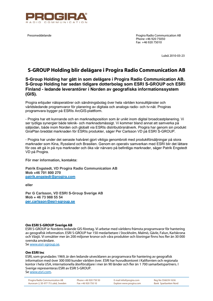 S-GROUP Holding blir delägare i Progira Radio Communication AB