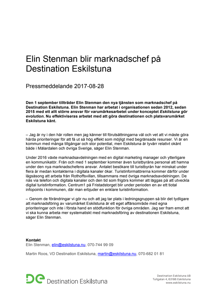 ​Elin Stenman blir marknadschef på Destination Eskilstuna