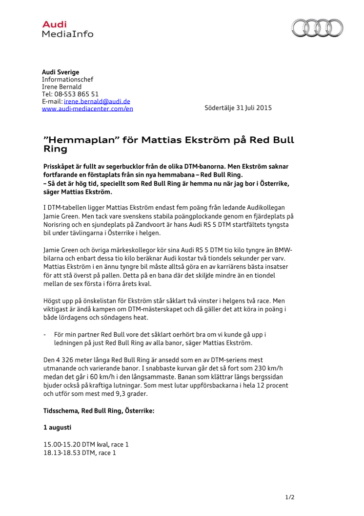 "Hemmaplan" för Mattias Ekström på Red Bull Ring