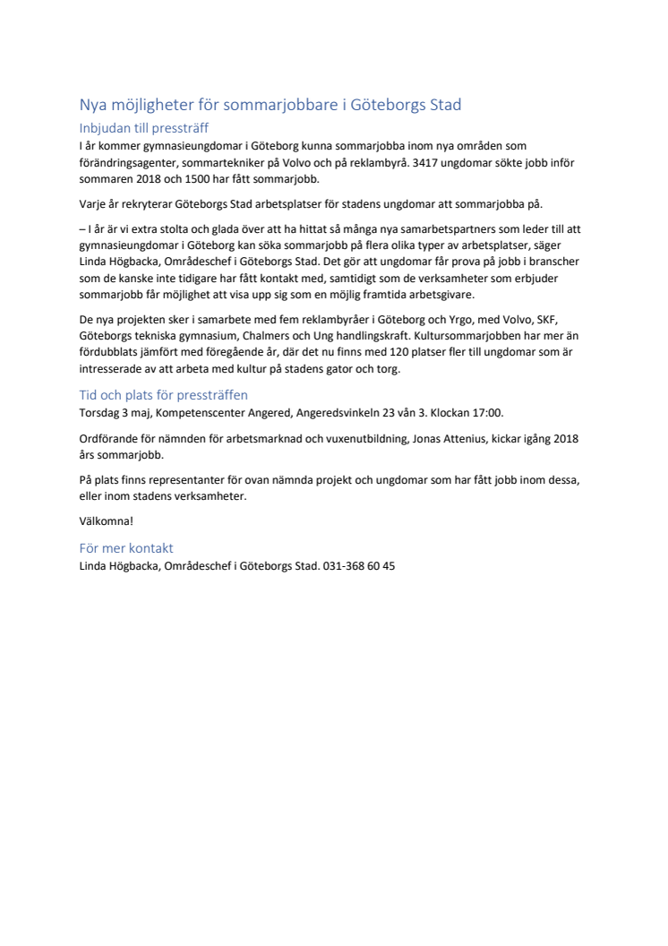 Inbjudan till pressträff: Nya möjligheter för sommarjobbare i Göteborgs Stad